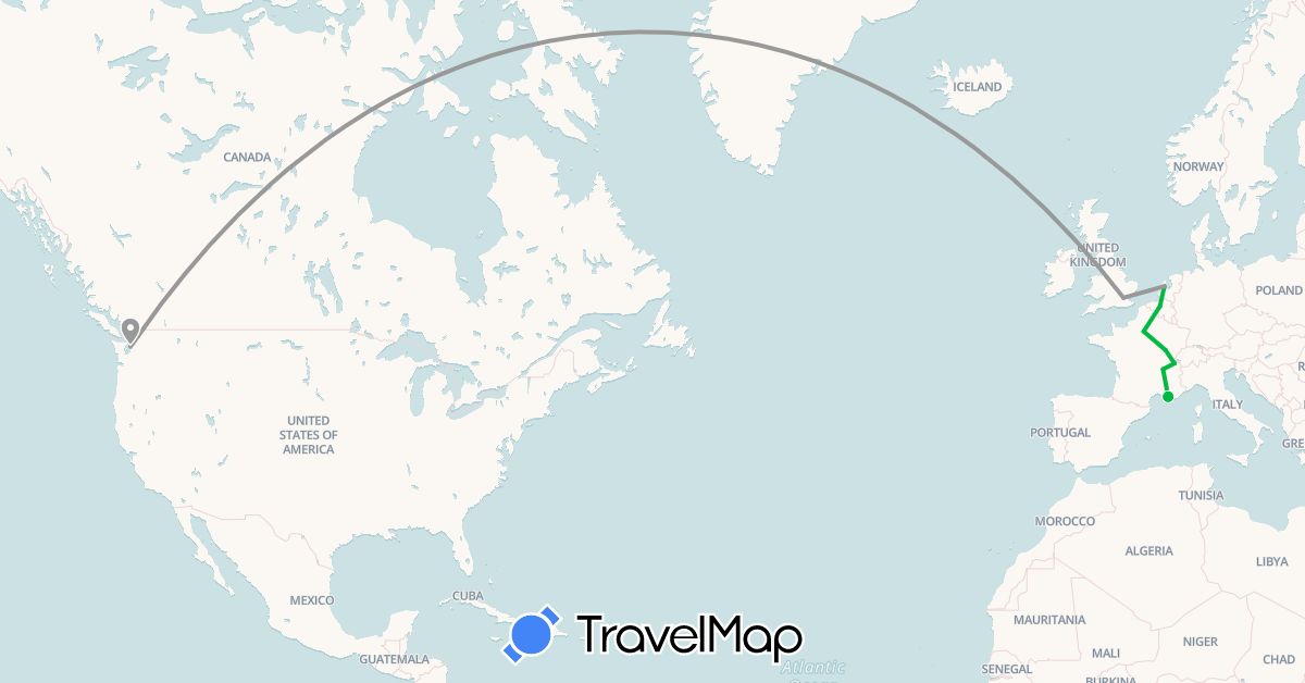 TravelMap itinerary: driving, bus, plane in Belgium, Switzerland, France, United Kingdom, Netherlands, United States (Europe, North America)
